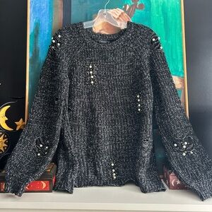 Minkas Black Sweater with Pearl Accents Large